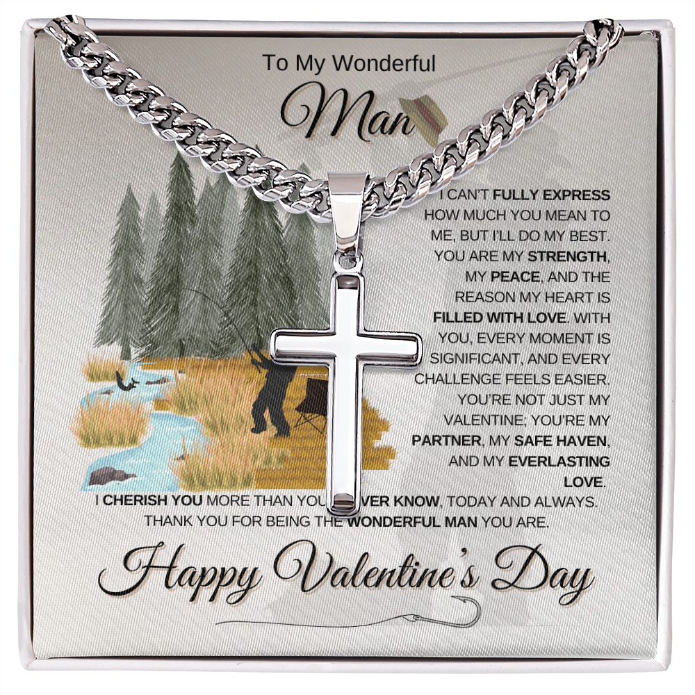 My Wonderful Man | Angler's Valentine's Day | Cuban Link Chain with Engraved Artisan Cross