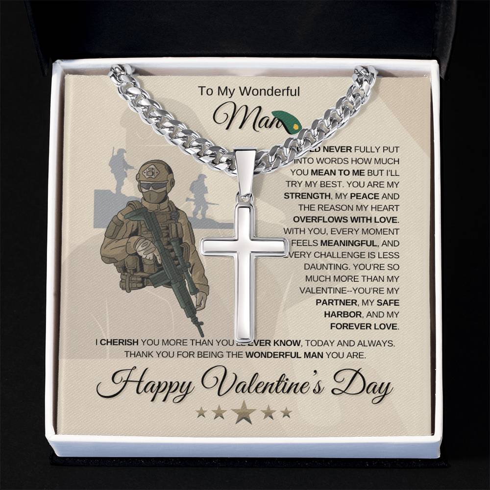 My Wonderful Man | Soldier's Valentine's Day | Cuban Link Chain with Engraved Artisan Cross