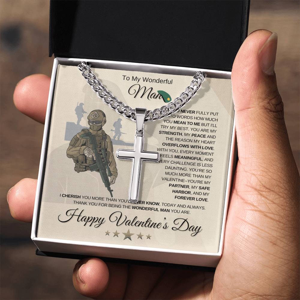 My Wonderful Man | Soldier's Valentine's Day | Cuban Link Chain with Engraved Artisan Cross