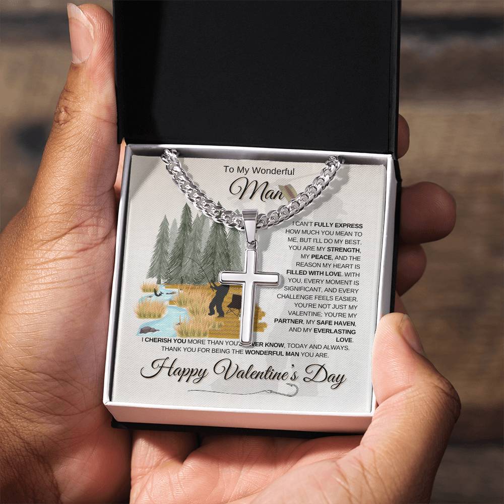 My Wonderful Man | Angler's Valentine's Day | Cuban Link Chain with Engraved Artisan Cross