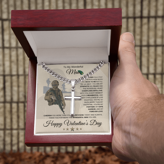 My Wonderful Man | Soldier's Valentine's Day | Cuban Link Chain with Engraved Artisan Cross