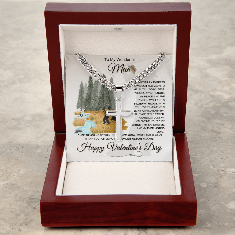 My Wonderful Man | Angler's Valentine's Day | Cuban Link Chain with Engraved Artisan Cross