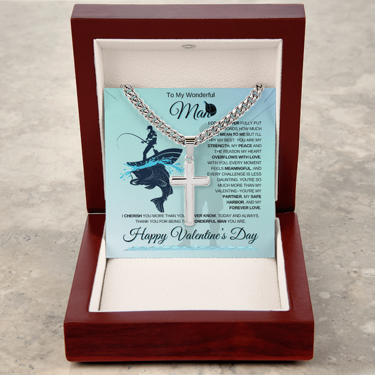 My Wonderful Man | Fisher's Valentine's Day | Cuban Link Chain with Engraved Artisan Cross