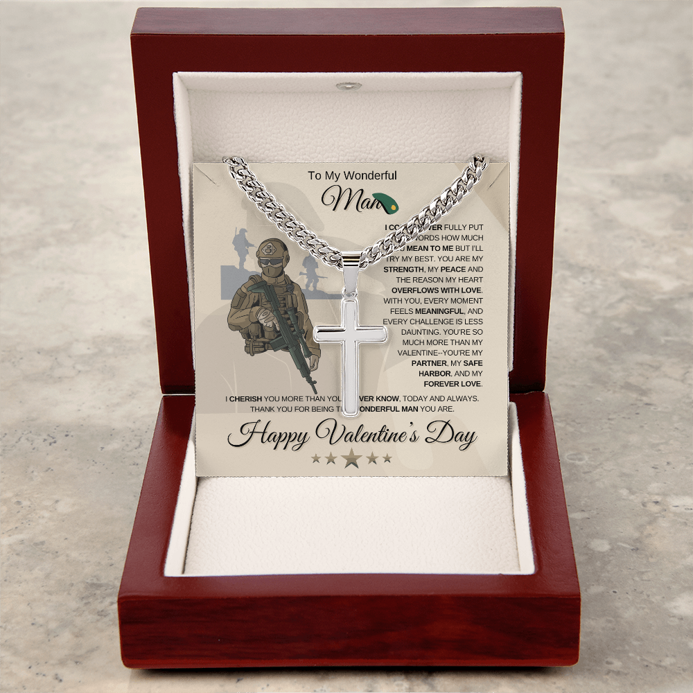 My Wonderful Man | Soldier's Valentine's Day | Cuban Link Chain with Engraved Artisan Cross