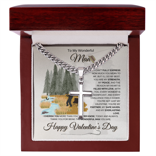 My Wonderful Man | Angler's Valentine's Day | Cuban Link Chain with Engraved Artisan Cross