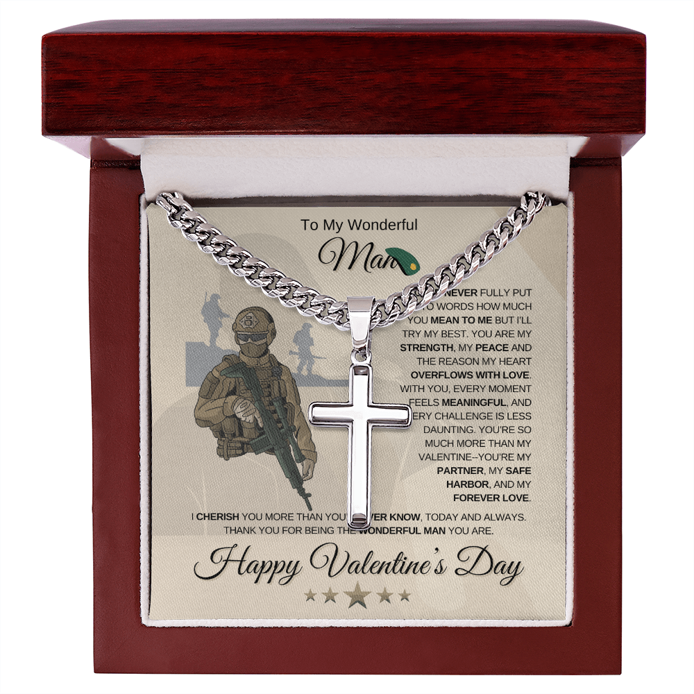 My Wonderful Man | Soldier's Valentine's Day | Cuban Link Chain with Engraved Artisan Cross