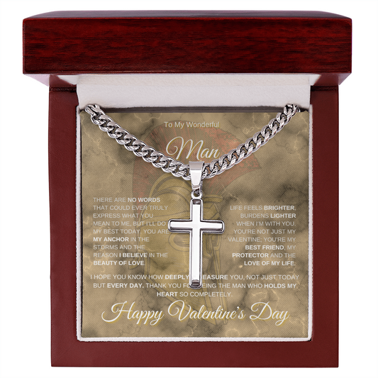 My Wonderful Man | Warrior Valentine's Day | Cuban Link Chain with Engraved Artisan Cross